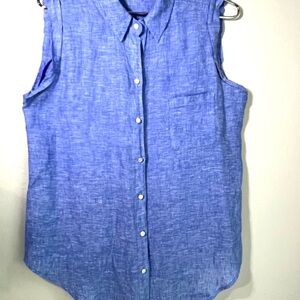 Sleeveless Button-Front Linen Top - Blue